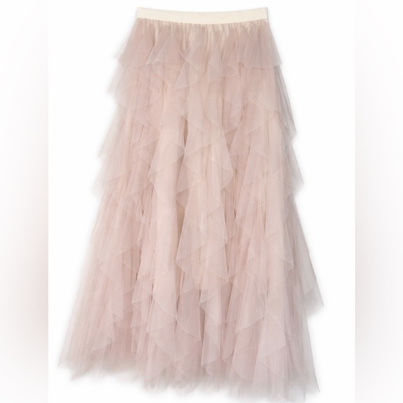 Blush Pink Tiered Tulle Midi Skirt | Romantic Flowy Ruffle Skirt | Elastic Waist - Picture 2 of 7